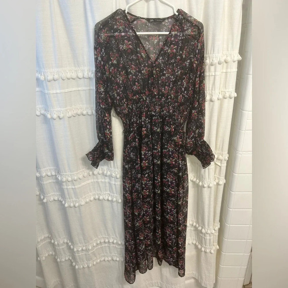 ZARA Black Multicolored Long Sleeve High Low Polyester Dress Size L - Picture 1 of 8